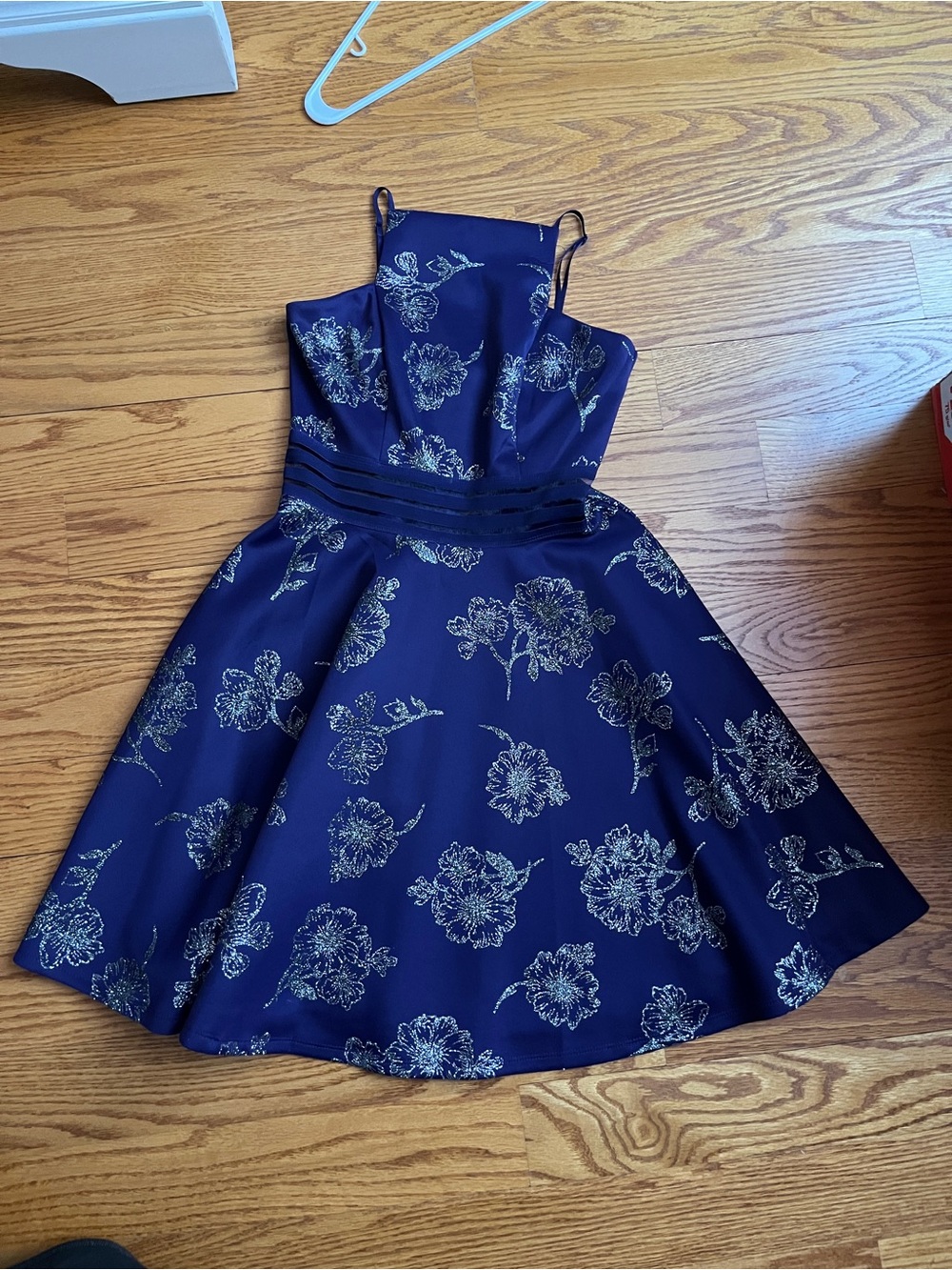 Navy Blue Floral Glitter Fit-and-Flare Dress